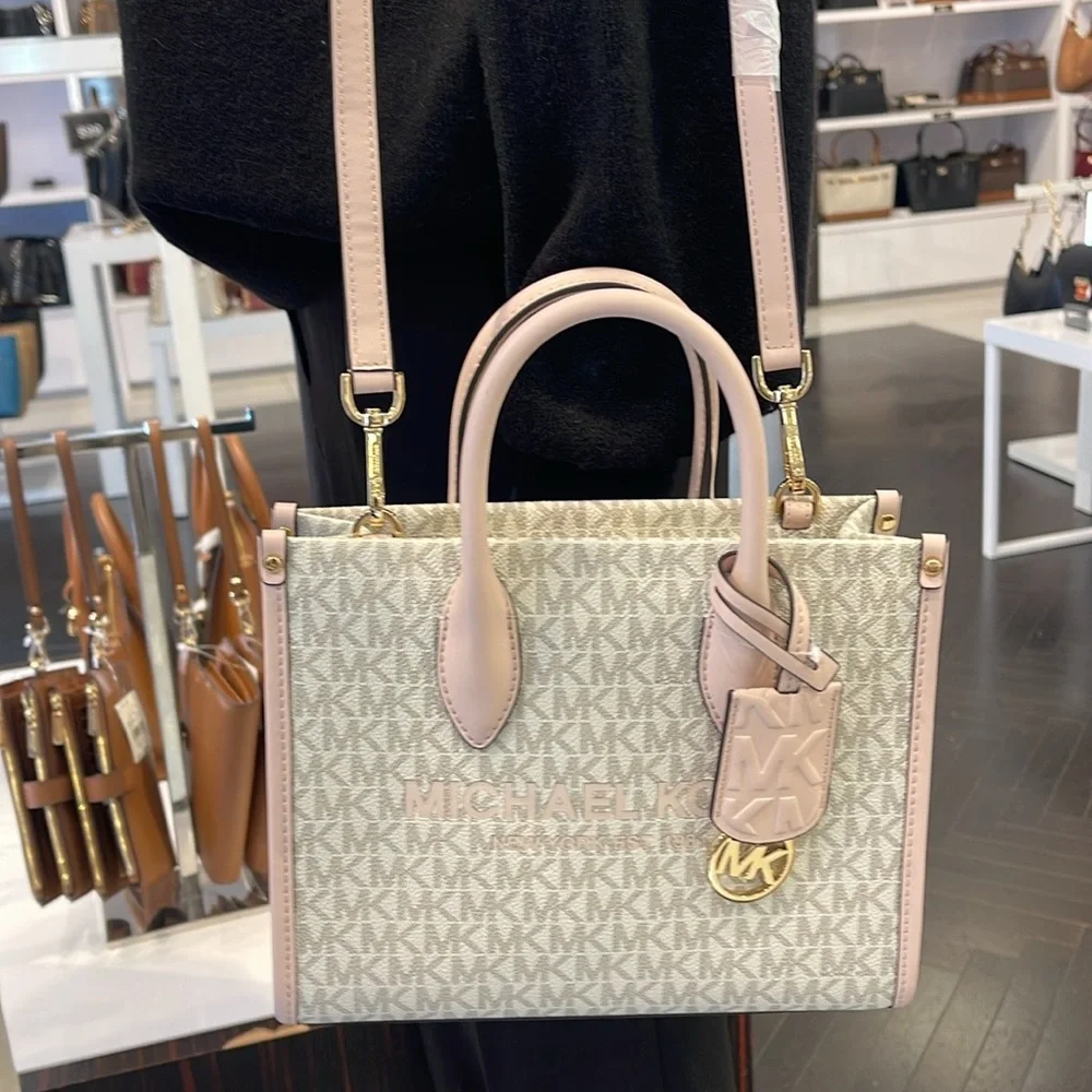 Michael Kors Mirella Small Shopper Top Zip Crossbody Bag Powder Blush Multi Logo